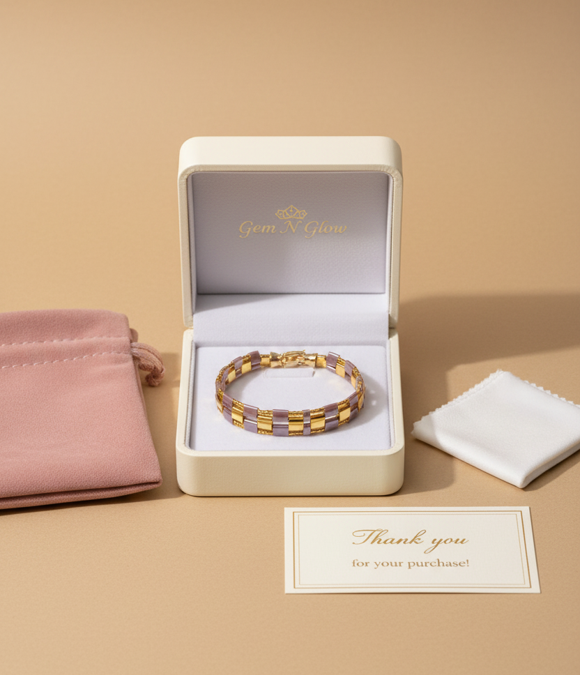 Violette Grid handmade bracelet presented in Gem N Glow gift packaging
