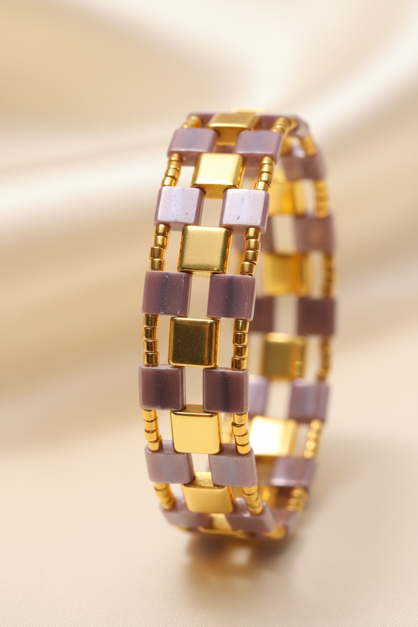 Violette Grid bracelet styled on taupe silk in a luxury jewelry setting