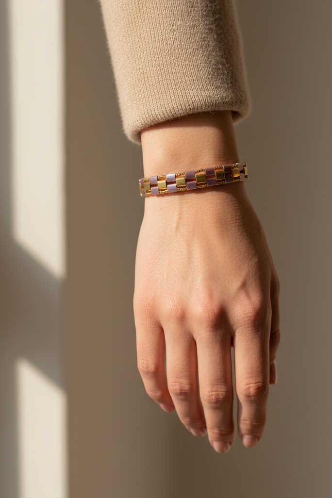 Violette Grid Miyuki Tila bracelet worn on a feminine wrist