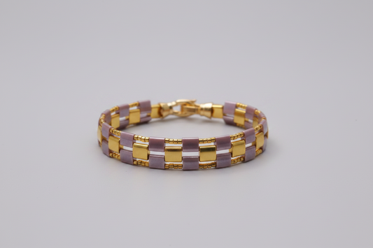 Violette Grid bracelet handwoven with smoky mauve and gold Miyuki Tila beads