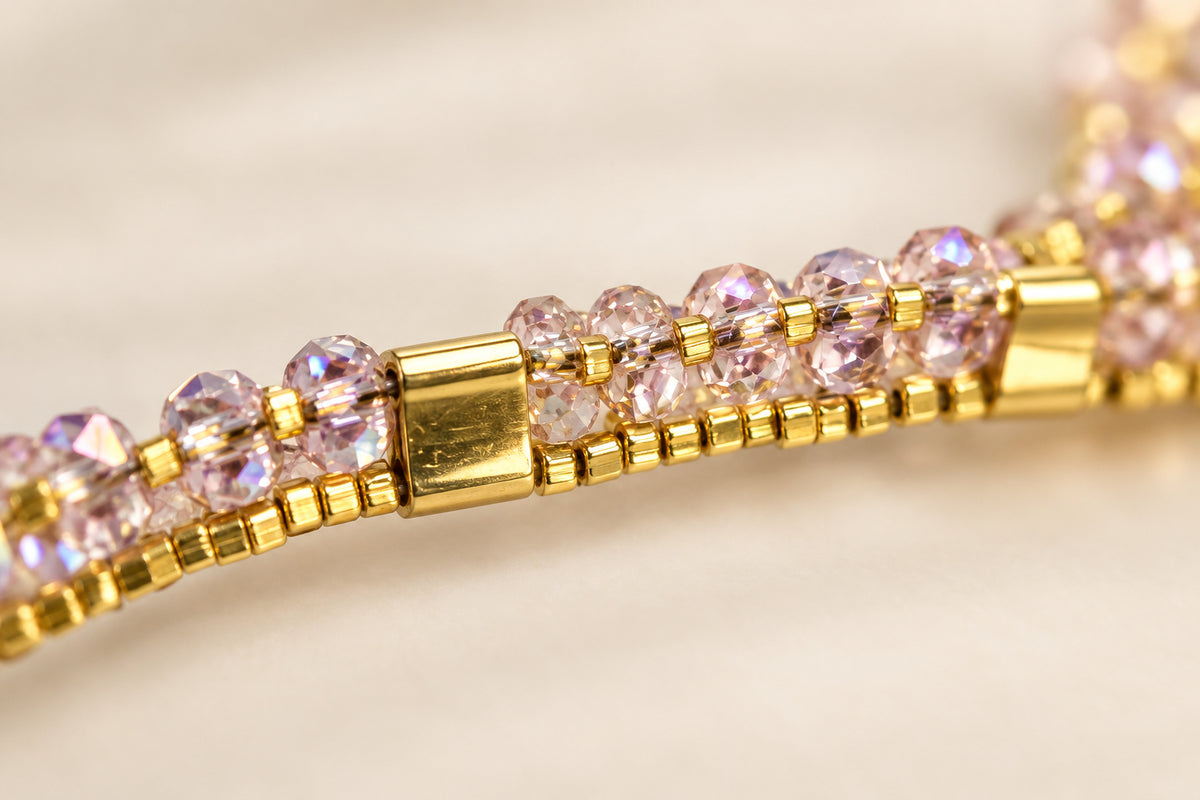 Close-up of faceted zircon and gold-plated Miyuki beads