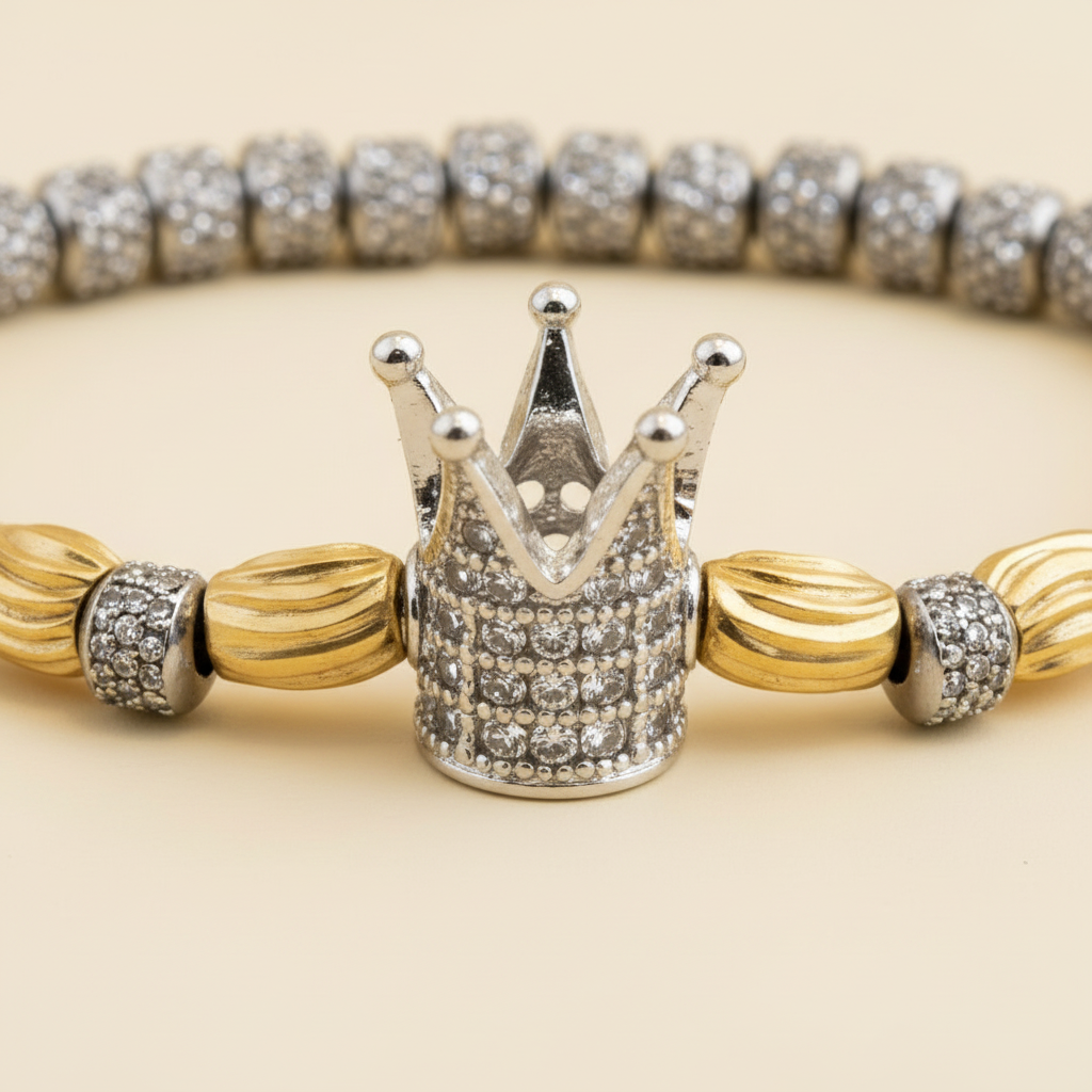 Close-up of the pavé crown and sparkling zirconia bracelet beads